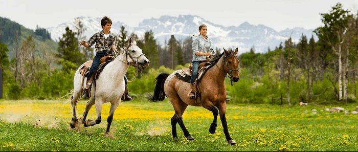 Confident plus-size woman riding Brentwood a horse through a field with a smile on her face.